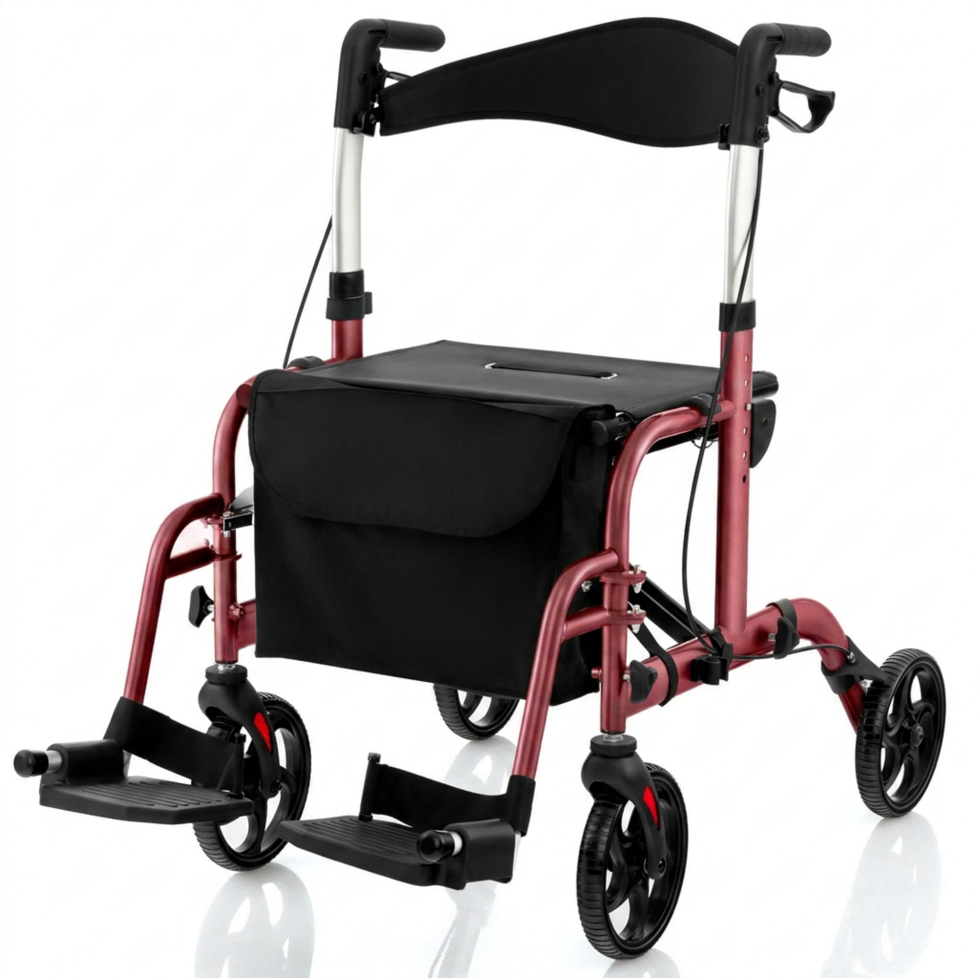 ELLEGNT 2-in-1 Rollator Walker and Wheelchair, All-Terrain Senior Walker with Reversible Backrest, 6-Level Adjustable Height, Cane & Umbrella Holder, Foldable Outdoor Rolling Walker with Seat, Red