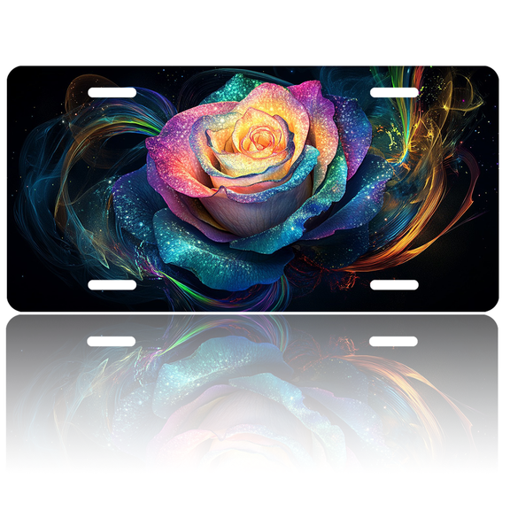 1 Pcs License Plate Covers & Frames, Colorful Rose For Decorative Front, Waterproof For Decoration Aluminum License Plate Covers & Frames Cover For Men Women, 12" X 6"