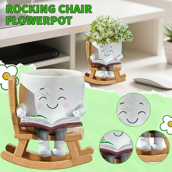 Ceramic Planter Pot with Cute Cartoon Character Reading Book, Decorative Succulent Plant Container for Home Office Desk, Unique Gift Idea, Rocking Chair Style Design