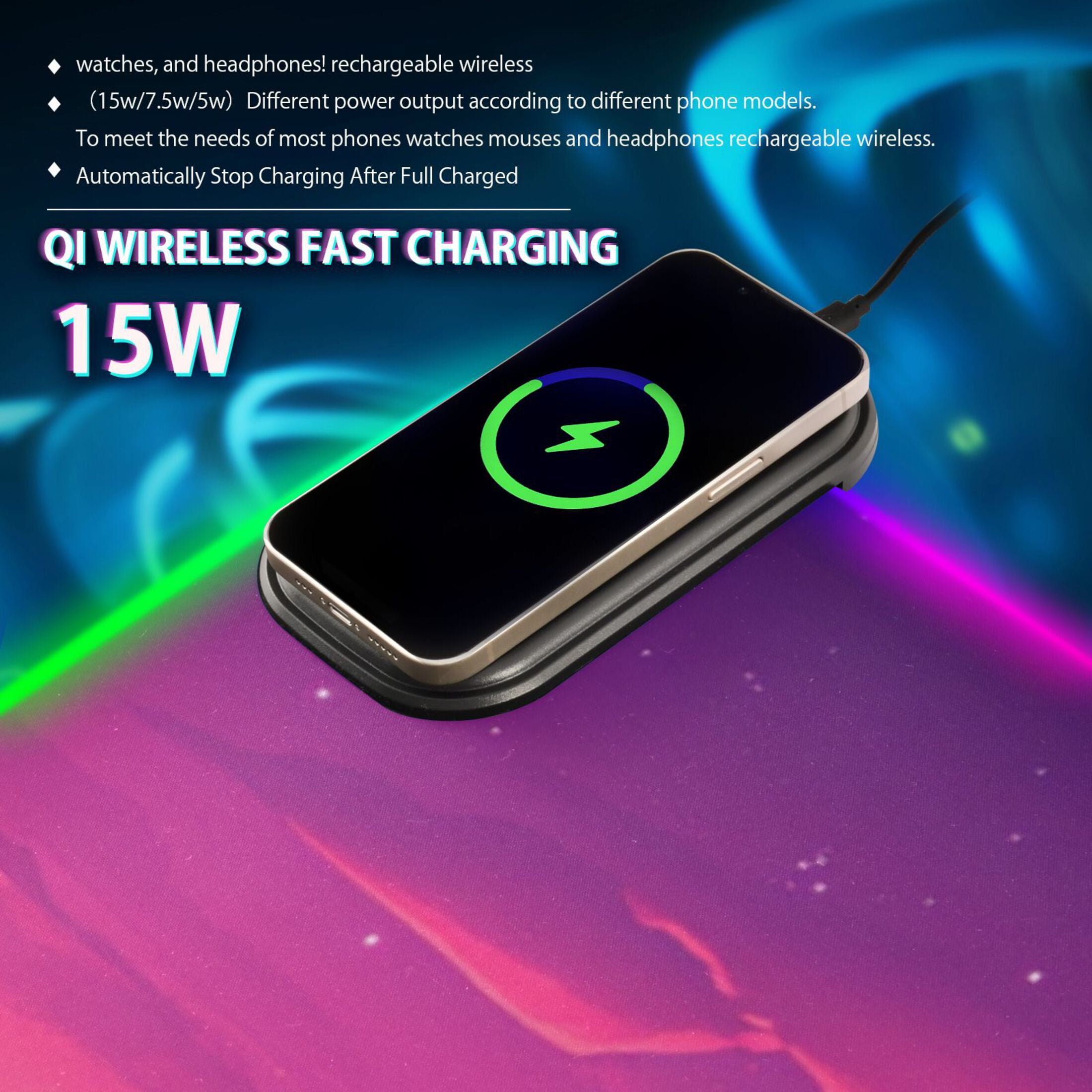 Purple Clouds Cartoon Wireless Charging RGB Gaming Mouse Pad Large Keyboard Mat Rubber Base 13 Light Modes