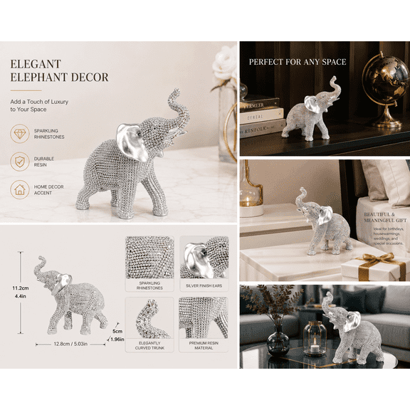 Sparkle Beaded Silver Elephant Figurine, Handcrafted Resin Rhinestone Decor for Home, Office, Shelf, Gift for Elephant Lovers