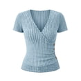 thumbnail image 5 of Htigea Womens V-Neck Wrap Tops Side Buttons Slim Fit T-Shirts Solid Color Short Sleeve Ribbed Tees Summer Trendy Going Out Blouse Light Blue M, 5 of 7