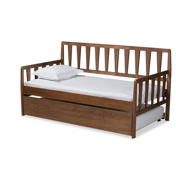 Bowery Hill Walnut Finished Wood Twin Size Daybed with Roll-Out Trundle