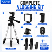 Acuvar Vlogging Kit For iPhone Android And Cameras With Wireless Microphone, 50 Inch Tripod, LED Light And Remote For Streaming And Content Creation