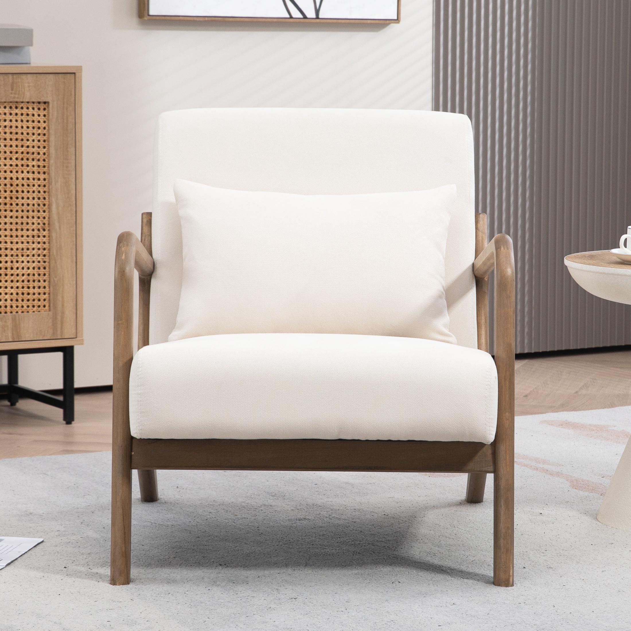 PORKISS Modern Arm Chair Velvet Fabric Upholstered Comfy Reading Accent Chair with Solid Wood Frame and Pillow, Armchair Comfort Club Chair Lounge Chair for Living Room Bedroom Sunroom, White #1