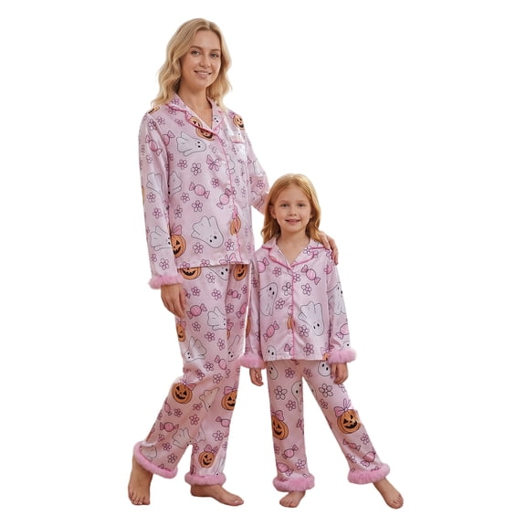 RUINIXCW Mommy and Me Halloween Pajamas Set Mom and Daughter Matching Pajamas Ghost Pumpkin Long Sleeve Shirt Pants Silk Stain Sleepwear PJS Women Girl