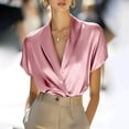 thumbnail image 2 of ZHYou Womens Luxe Satin Blouses Deep V-Neck Short Sleeve Wrinkle-Resistant Suit Shirts,Pink,S, 2 of 9