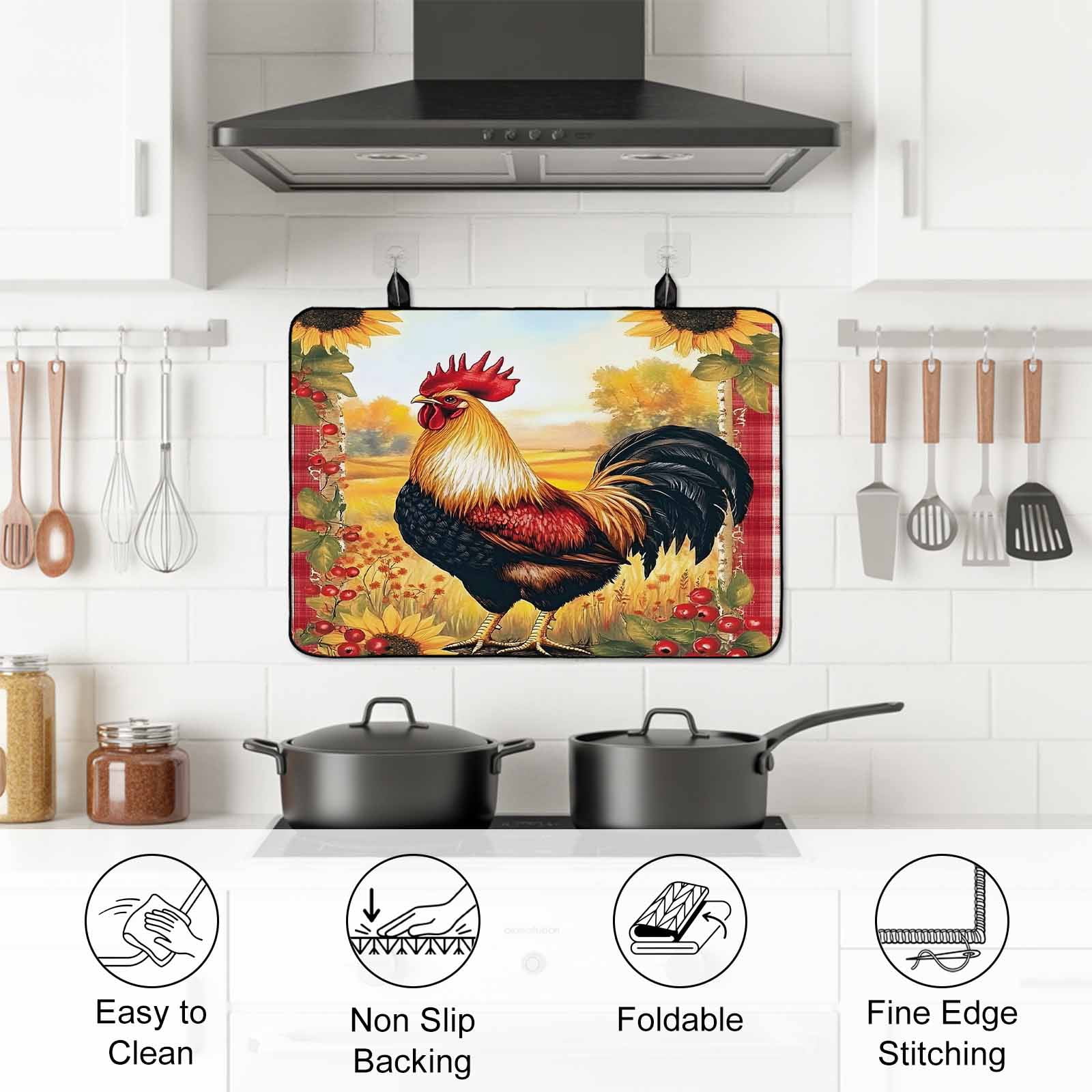 Retro Rooster Stove Top Cover for Electric Stove, Heat-proof & Non Slip Glass Top Stove Cover Protector, Yellow Sunflower Red Plaid Farmhouse Kitchen Flat Cooktop Rubber Mat 24x21 Inches
