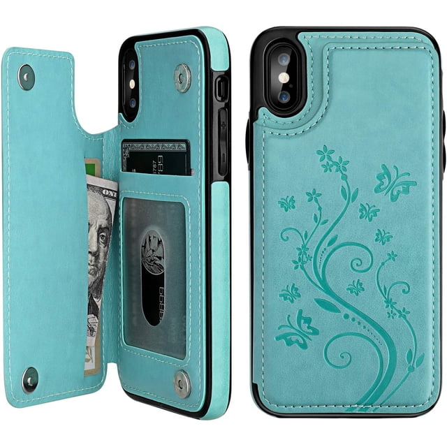 Compatible for iPhone 12 6.1' Wallet Case with Card Holder, Embossed Butterfly Premium PU Leather Double Magnetic Buttons Flip Shockproof Protective Case Cover for iPhone