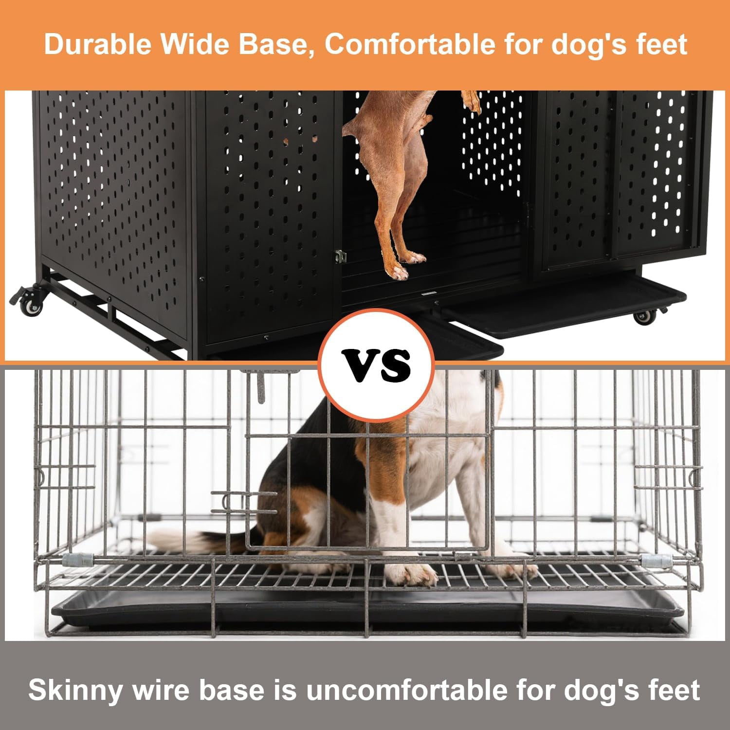 44 Inch Heavy Duty Indestructible Dog Crate with Wheels, Steel Escape-Proof Indoor Double Door High Anxiety Cage, Durable Chew-Proof Strong Kennel with Removable Tray for Large Medium Dogs