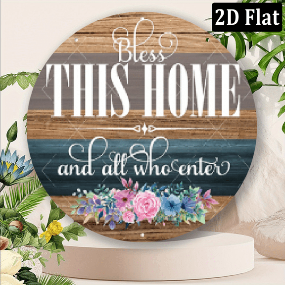 2D Flat, 1pc 8x8inch Aluminum Rustic Metal Sign - Bless This Home and All Who Enter Wreath Sign with Round Design