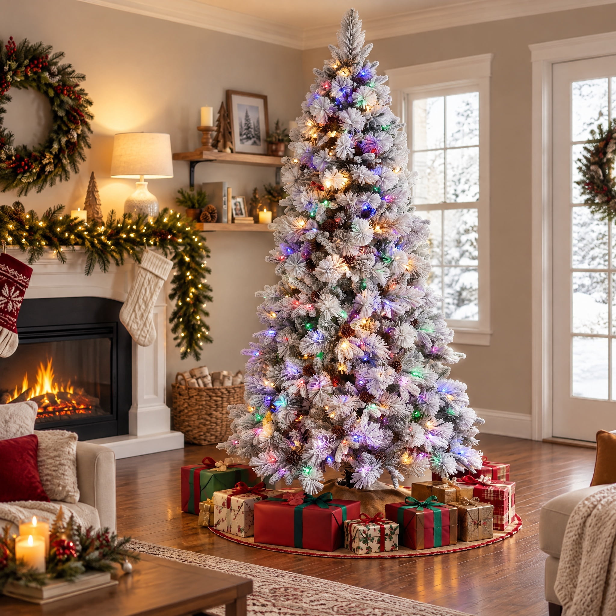 7.5' Pre-Lit Snow-Flocked Bellmont Green Artificial Christmas Tree with Color-Changing LED Lights and Stand, by Holiday Time