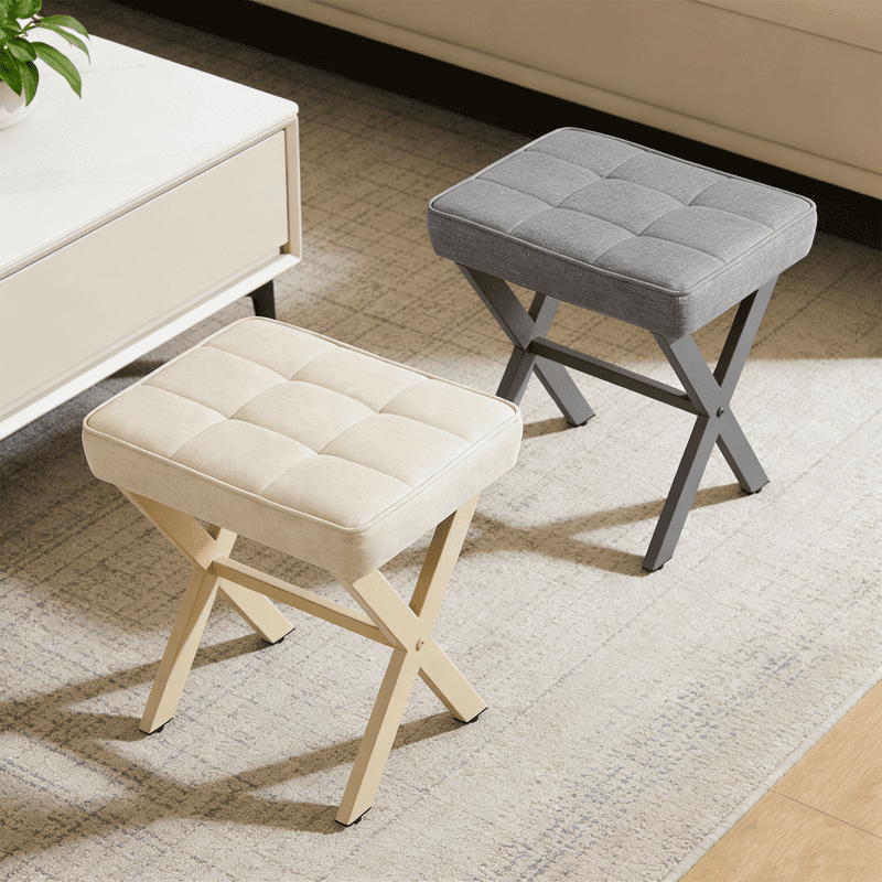 Linen Ottoman, 18" Makeup Vanity Stool, Small Square Padded Footrest for Bedroom, Living Room,Gray