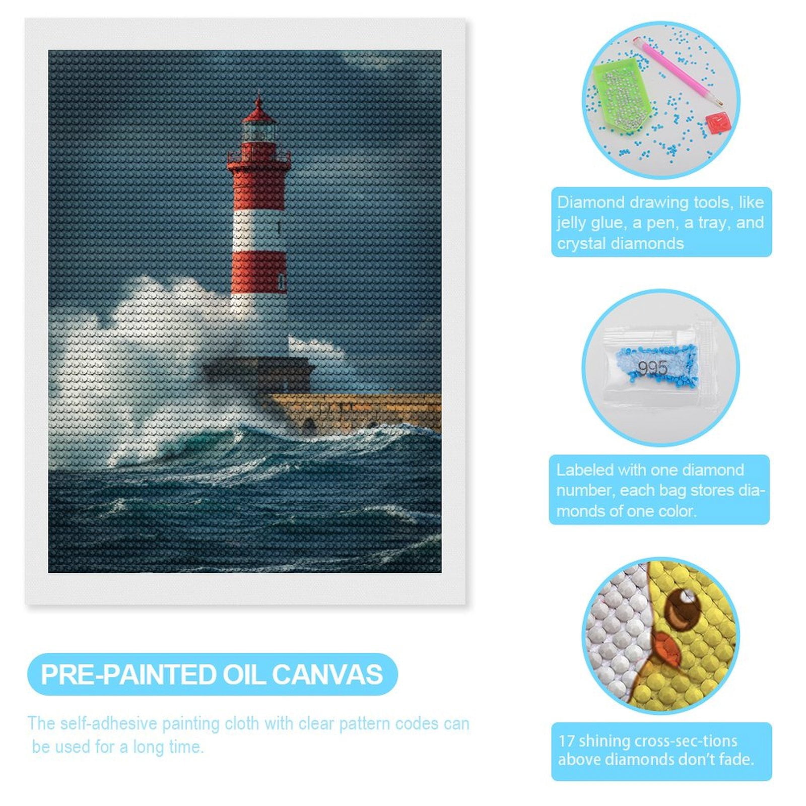 Diamond Art Kits for Adults, Lighthouse Waves Ocean Stormy Sky 5D Diamond Painting Kits for Adults Beginners, DIY Full Drill Diamond Painting, Gem Art and Crafts 12x16