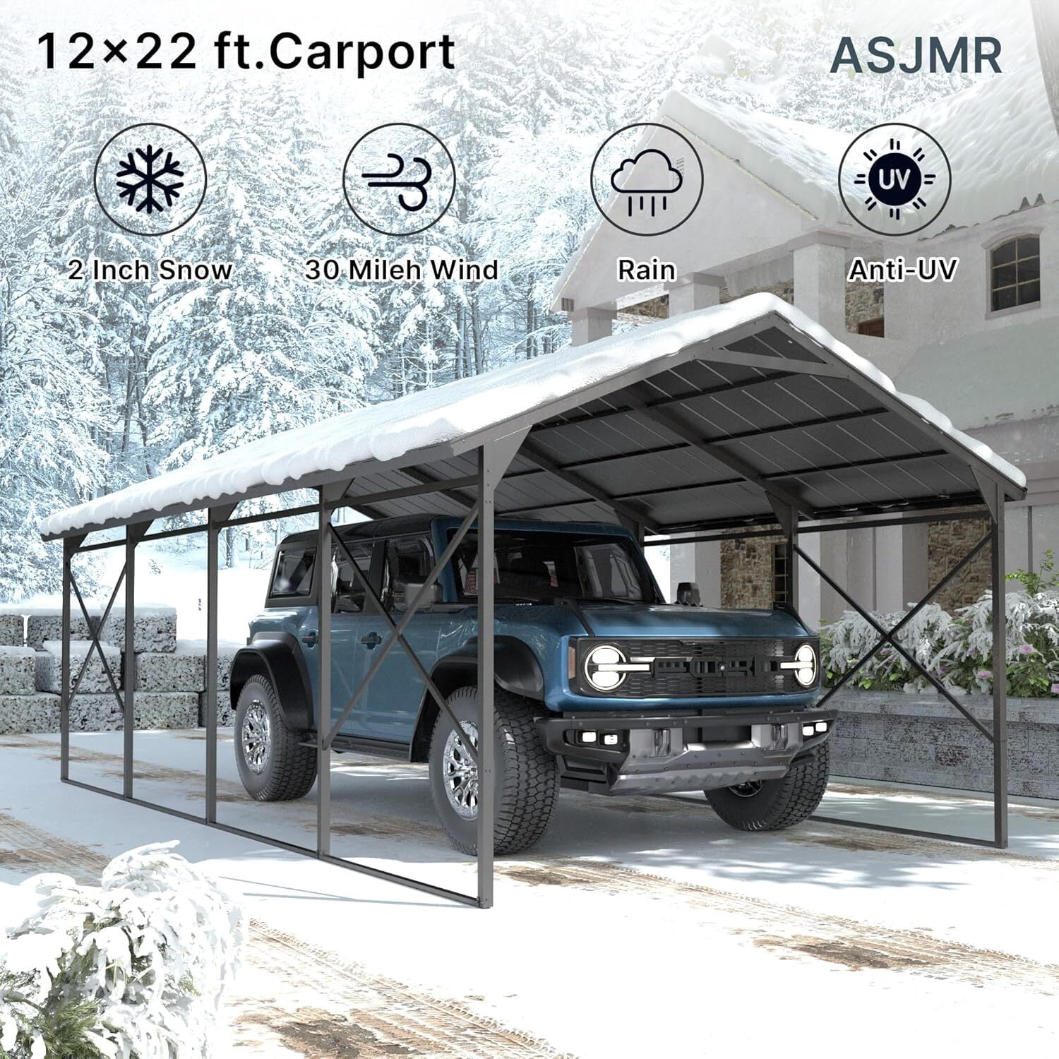 ASJMR 12x22 Ft Metal Carport Hardtop Outdoor Canopy Shelter Garage Gazebo Weather-Resistant with Enhanced Base and Galvanized Steel Roof For Car,Truck,Pickups,Tractors & Boat