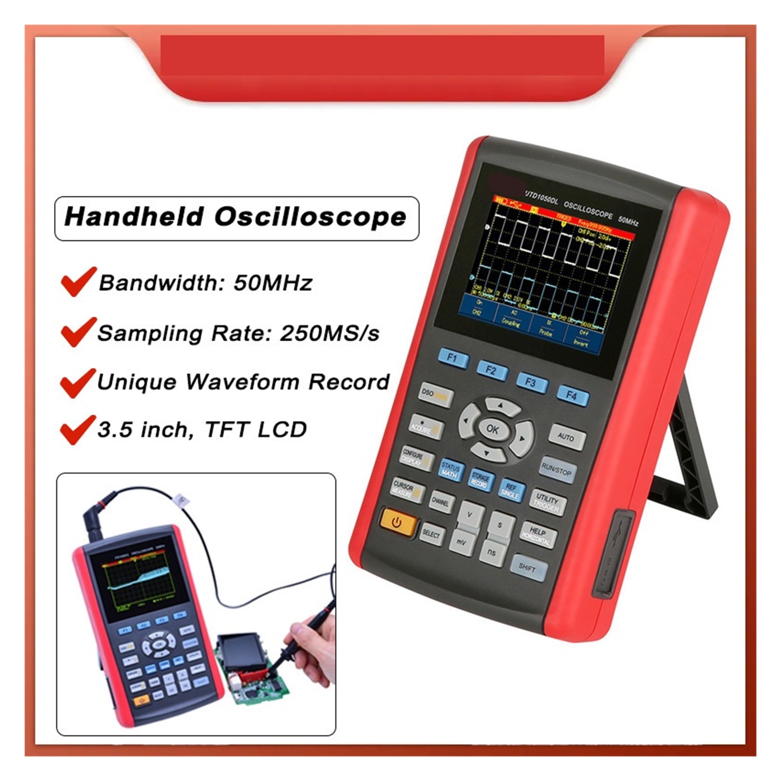 Handheld Storage Oscilloscope 3.5"LCD Digital Display 50MHz 250MS/s Mini USB Auto Scale Oscilloscope ,Professional Designed