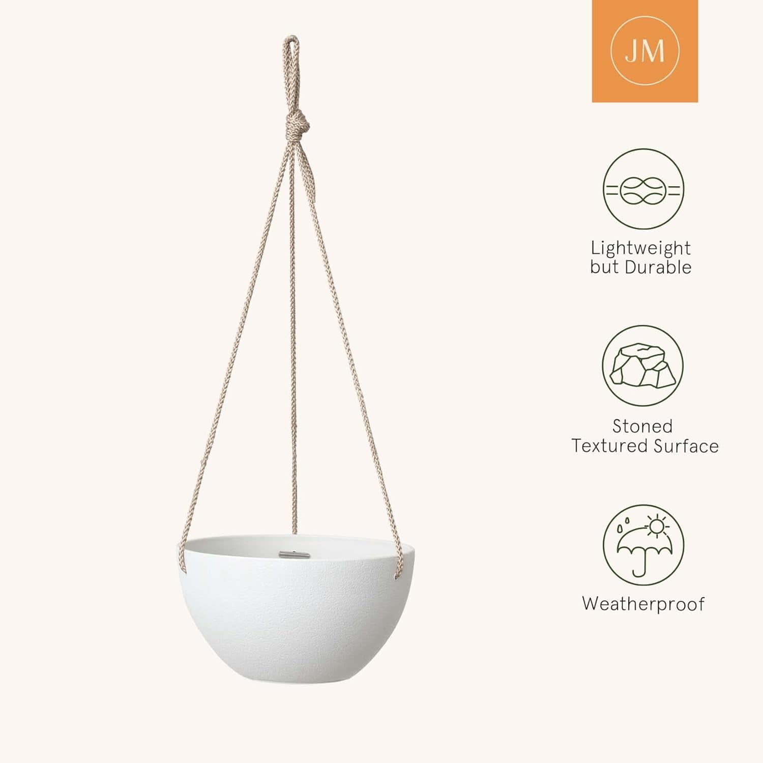 White Hanging Planter Basket - 8 Inch Indoor Outdoor Flower Pots, Plant Containers W/Drainage Hole, Pot for Plants, Pack 2