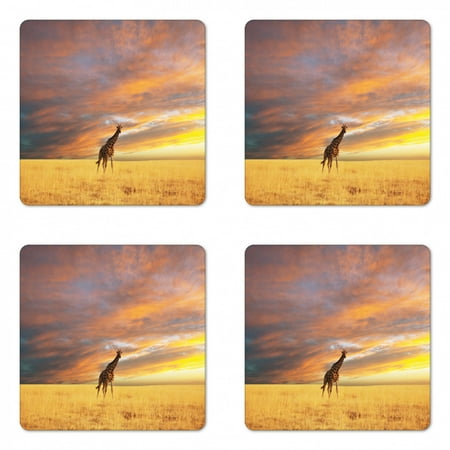 

Safari Coaster Set of 4 Giraffe in Savannah Colorful Cloudy Sky at Sunrise Grassland Autumn Picture Square Hardboard Gloss Coasters Standard Size Yellow and Peach by Ambesonne