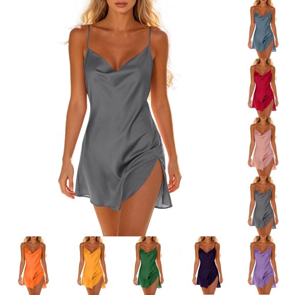 Fengactive Womens Satin Slip Dress Cowl Neck Spaghetti Strap Mini Lounge Sleepwear