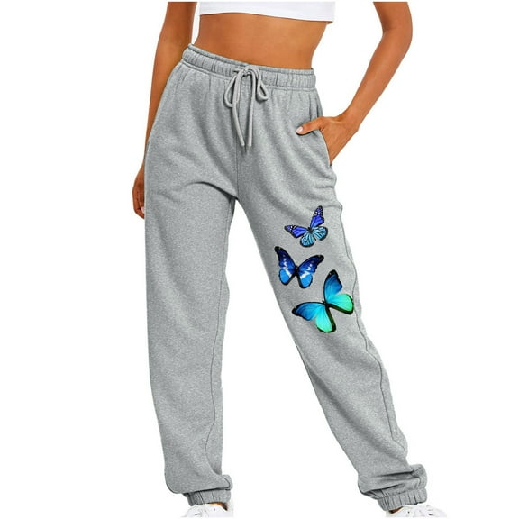 Ecqkame Women's Casual Baggy Sweatpants Women Fitness Sport Relaxed Loose Printing Elastic Waist Long Pants Gray S