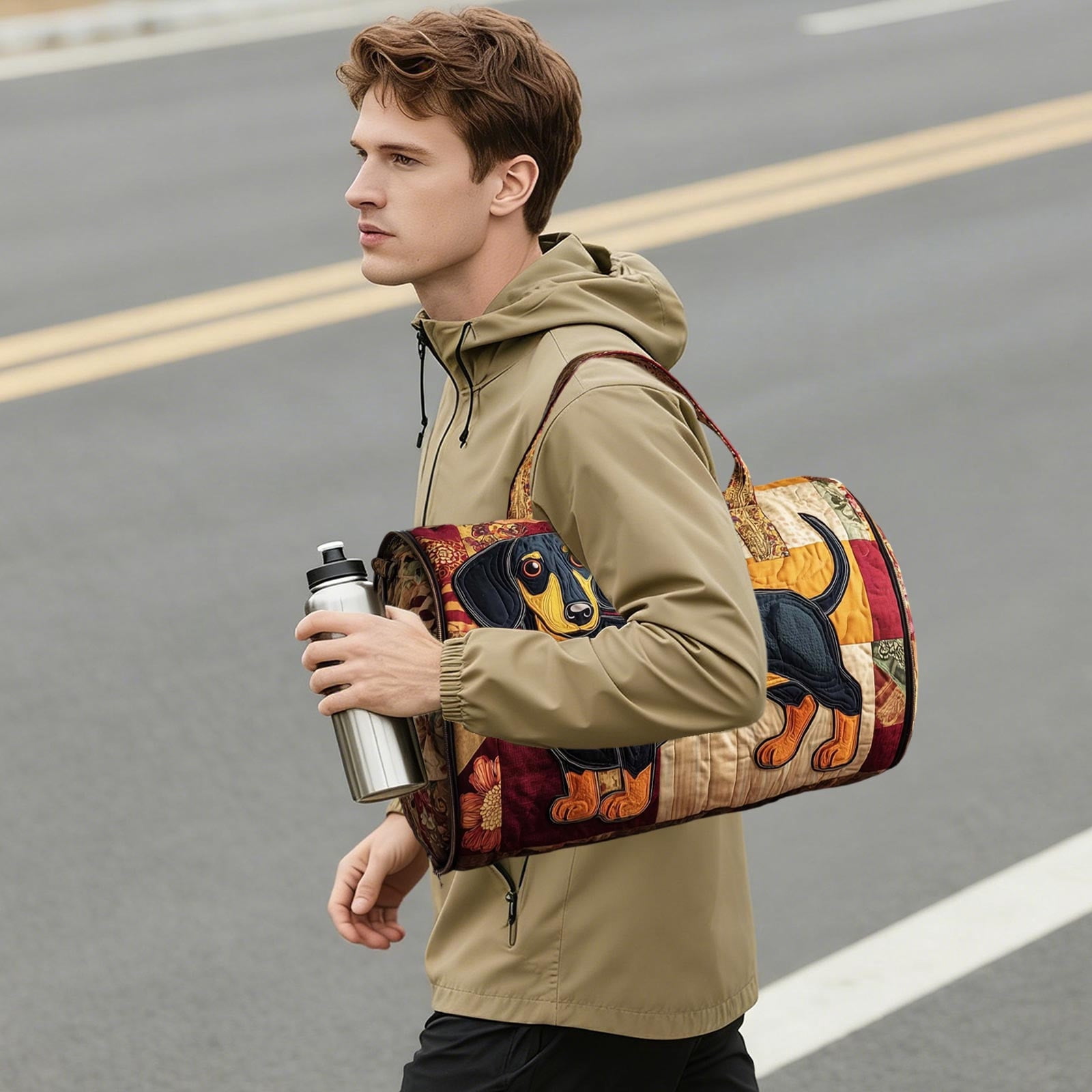 ROLKFUK Quilted Dachshund Duffel Bag for Women, Embroidery Travel Gym Overnight Bag, Lightweight Water Resistant Sports Weekender with Detachable Shoulder Strap