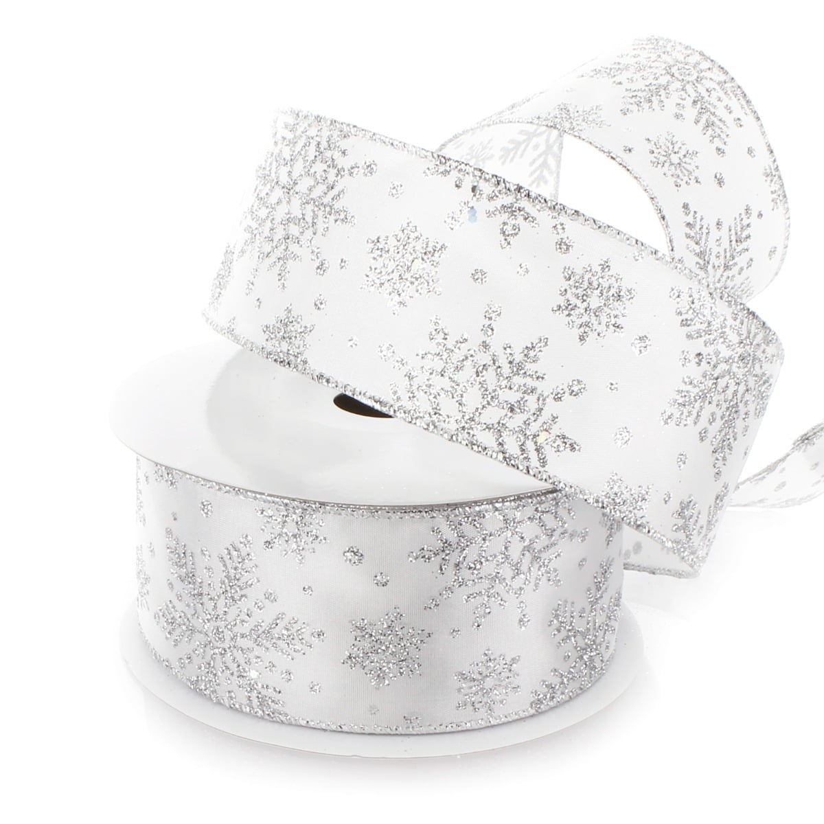 White Snowflakes on Natural Weave Wide Wired Ribbon