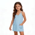 thumbnail image 3 of qolati Girls Summer Romper Dress with Shorts Sleeveless Spaghetti Straps Athletic Outfits Casual V Neck Beach Vacation Overalls with Pockets 5-15 Years Light Blue, 3 of 10