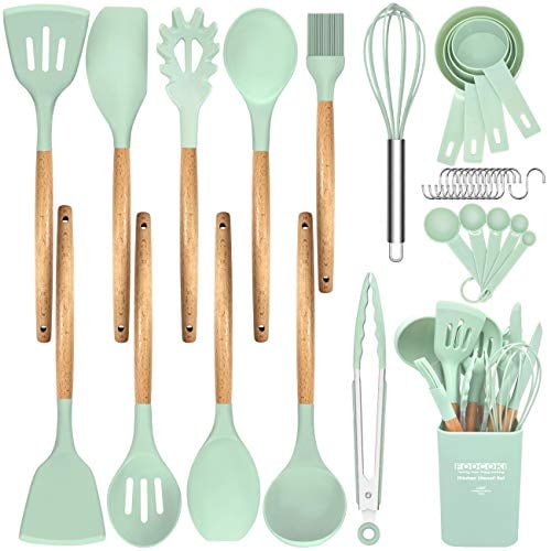 Silicone Kitchen Utensils Set Upgraded 22 Pcs Cooking Utensil Set With Wooden Handle Holder Spatula Silicone Kitchen Gadgets Utensil For Non Stick Cookware By Fodcoki Turquoise Walmart Com Walmart Com
