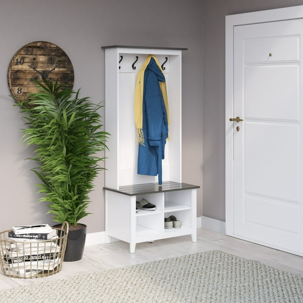 Twin Star Home™ 4 Hook Hall Tree with Adjustable Storage Cubbies, White