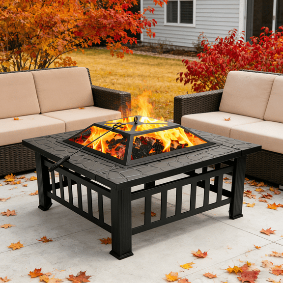 SDJPOI 32 Inch Outdoor Fire Pit Table, 3-in-1 Wood Burning Fire Pit with Spark Screen & Poker, Patio Garden Metal Fireplace & Ice Bucket for Camping, Outdoor Heating, Bonfire, Picnic