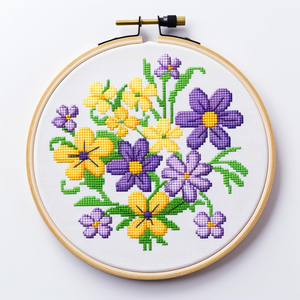 Cartoon Simple Little Yellow Purple Flower DIY 11CT Stamped Cross Stitch Kits Easy for Beginners Children with Hoop Needlepoint Counted Embroidery Kits Art Craft Wall Decor 12x12inch(4)