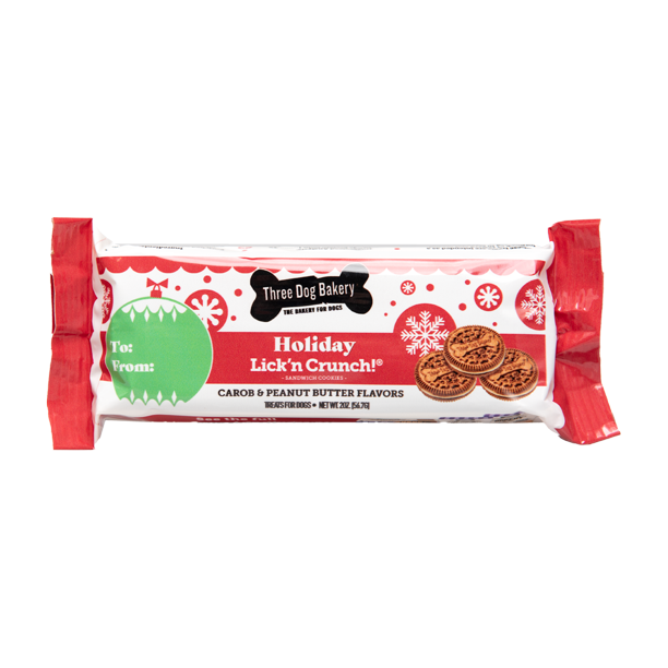 Three Dog Bakery Holiday Lick'n Crunch! Carob and Peanut Butter Filling Sandwich Cookie Dog