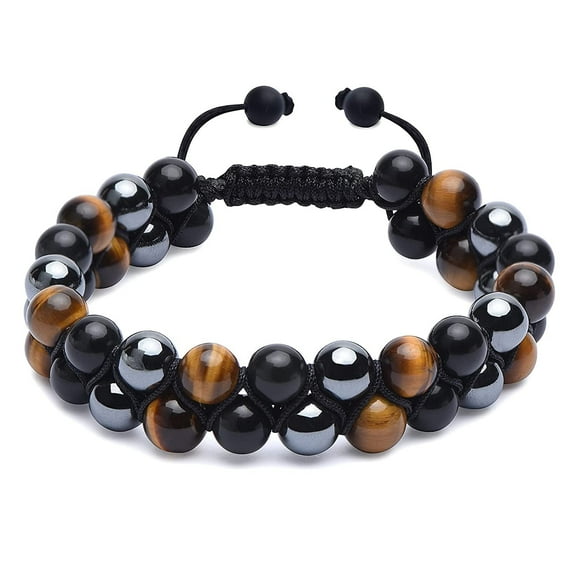 Xiao Hua three-layer protective bracelet, tiger eye obsidian and hematite 8mm bead bracelet, unisex, crystal jewelry healing bracelet brings good luck, prosperity and happiness