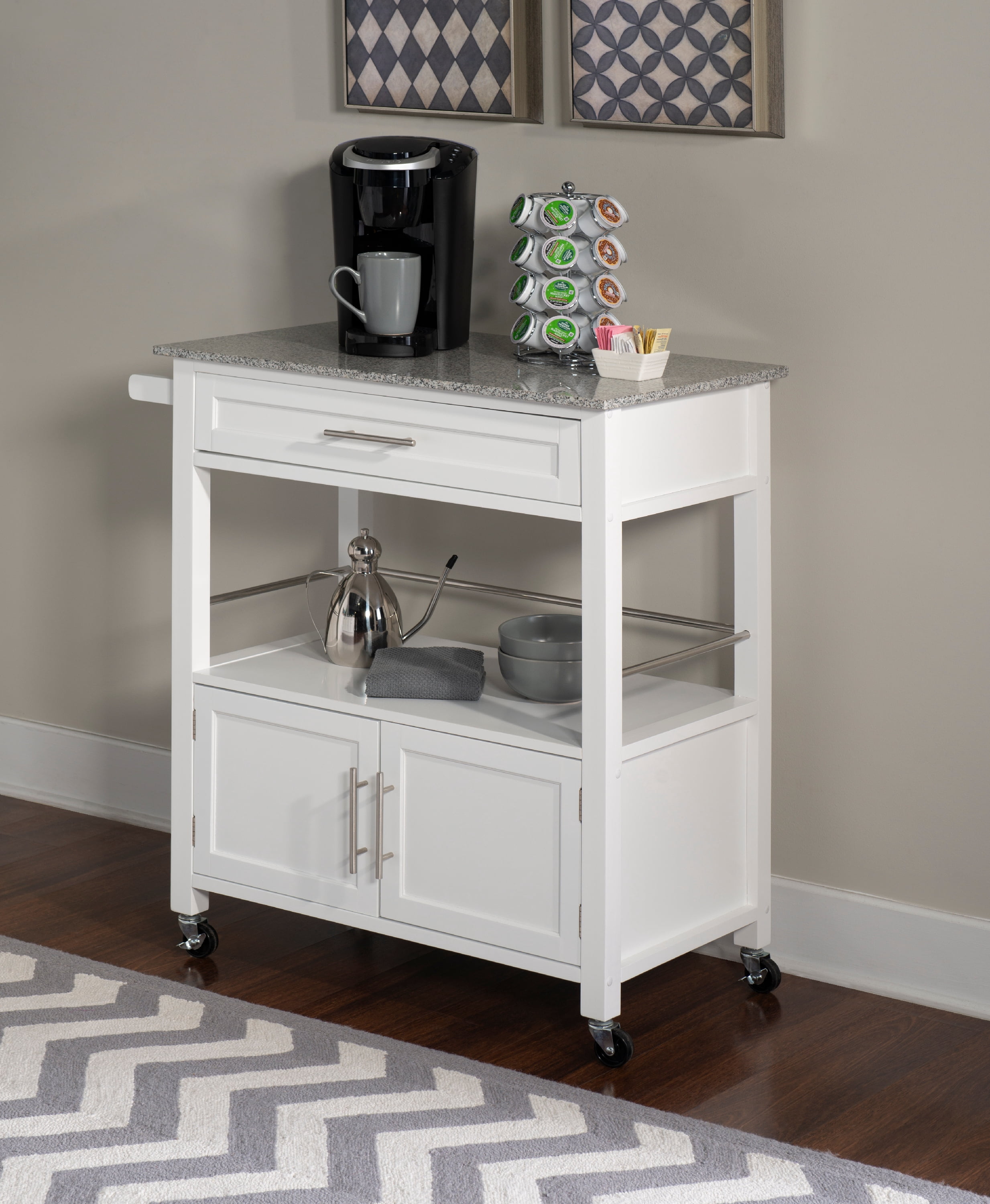 Linon Judith 2-Tier Mobile Kitchen Serving Cart with Gray & White Speckled Granite Top, 33.5" Length, White