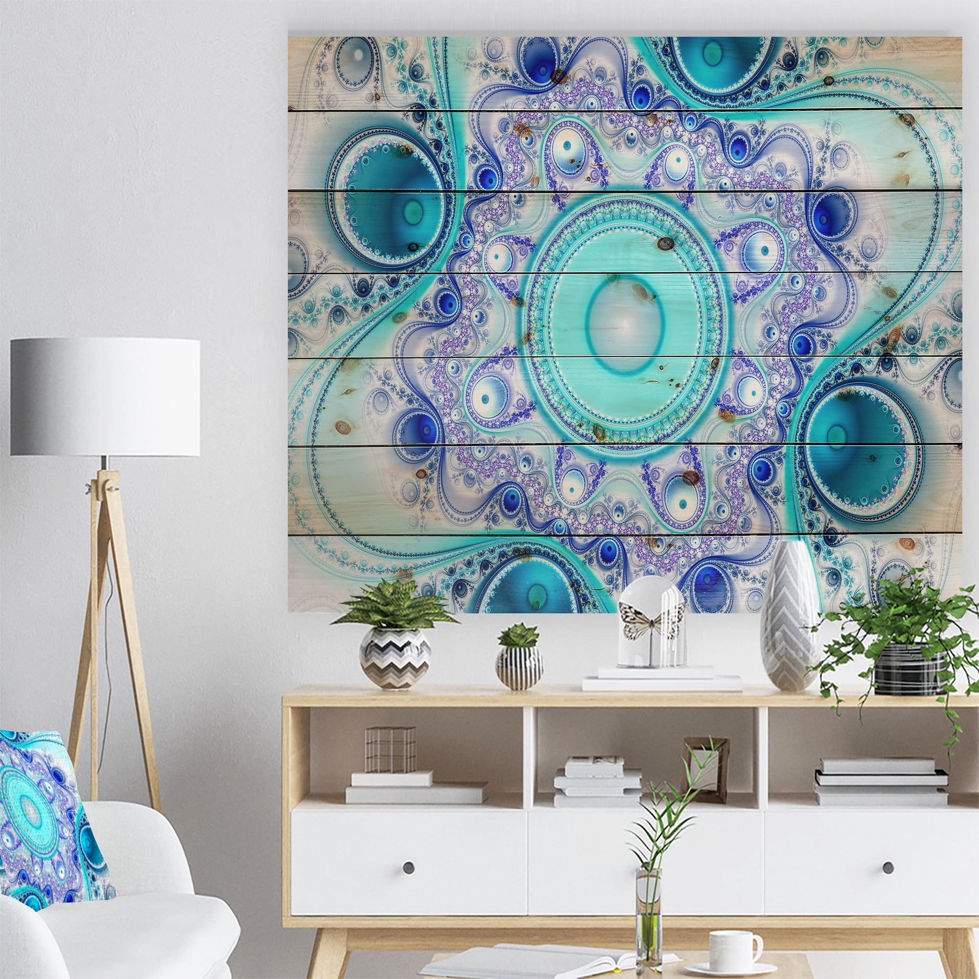 Designart 'Turquoise Wavy Circles and Curves' Abstract Print on Natural Pine Wood