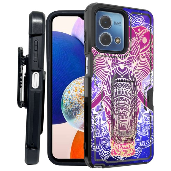 ANJ  Rugged Shockproof Kickstand Hybrid Case with Card Slot and Holster   Tempered Glass Cover for Motorola Moto G Stylus 5G (2023) - Blue Mandala Elephant