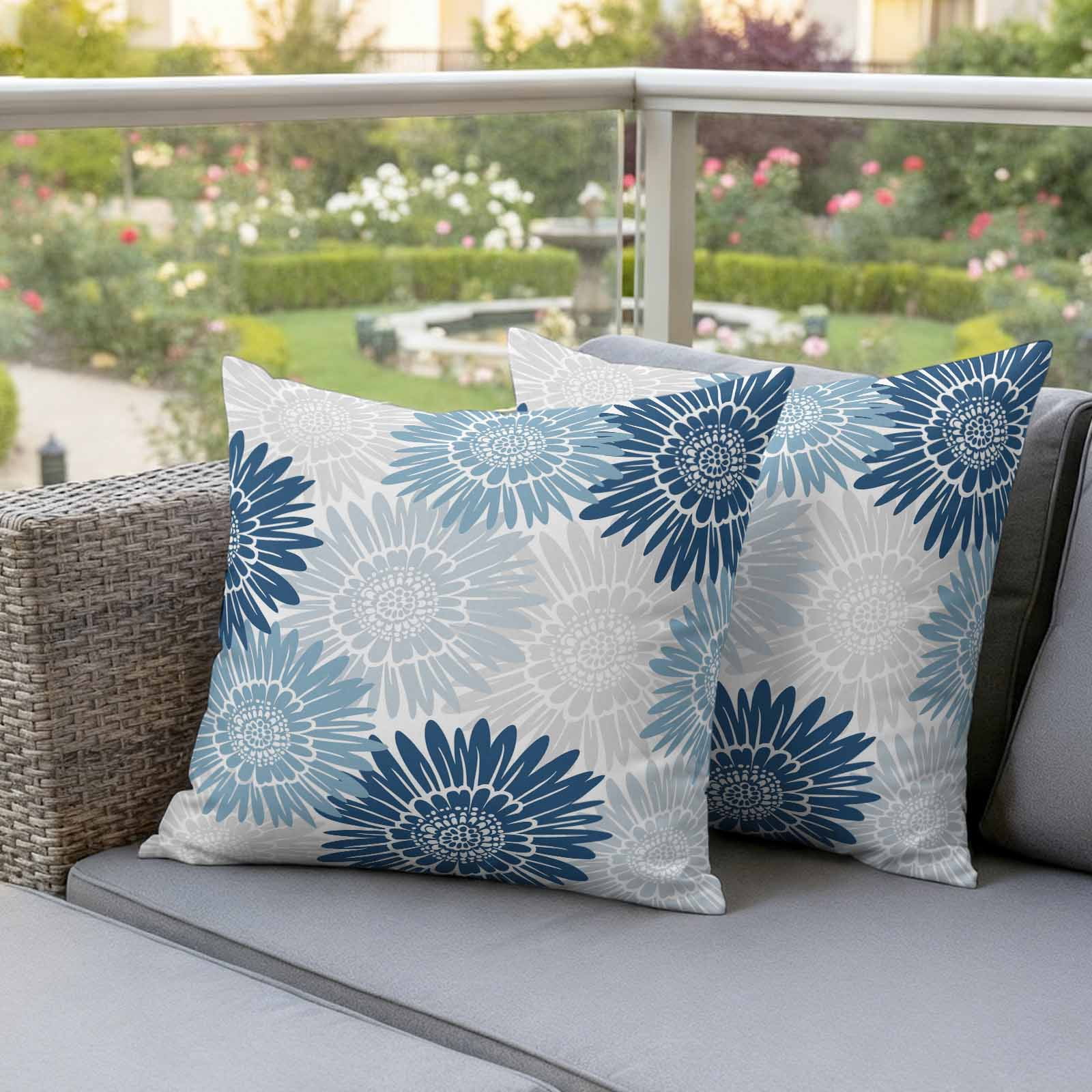 Blue Grey Sunflowers Outdoor Waterproof Throw Pillow Covers 26x26 Set of 2, Boho Vintage Floral Rustic Blossom Decorative Pillowcases Cushion Pillowcase for Couch Sofa Patio Outside Pillow Protector
