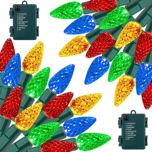2 Pack 100LED C6 Christmas Lights Battery Operated, 16.4FT C6 Christmas Lights Battery Powered with Timer, 8 Modes, Waterproof for Outdoor Garden Patio Indoor Xmas Tree Bedroom Party, Multi-Color