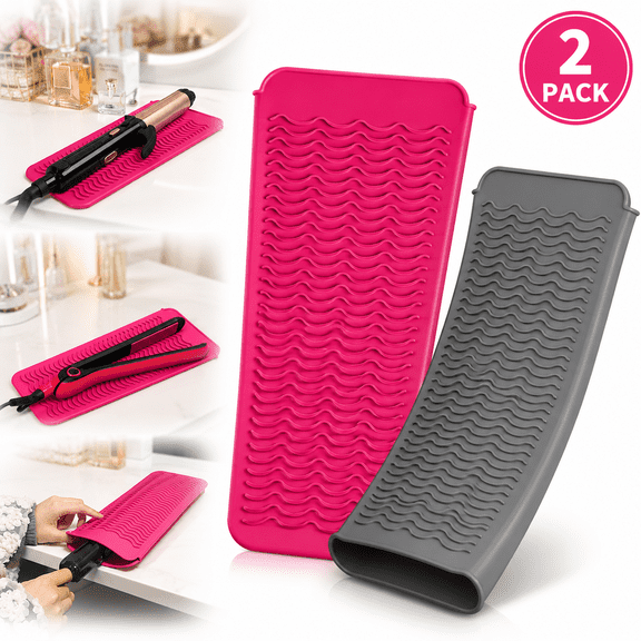 Wusi 2 Pack Heat Resistant Silicone Mat Pouch for Flat Iron, Curling Iron,Hair Straightener,Hair Curling Wands,Hot Hair Tools (Grey & Pink)