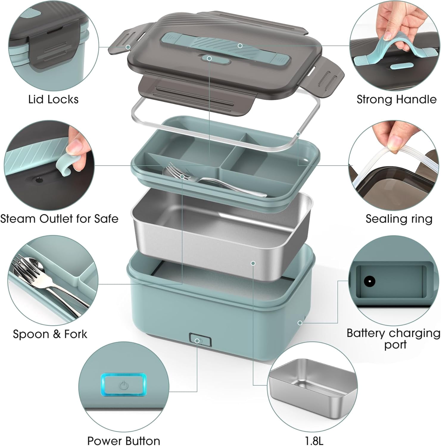 Monteka Cordless Electric Lunch Box for Adults–1.8L Heated Lunch Box Food Warmer, Rechargeable Heating Lunchbox for Office & Outdoor, 70W Lunch Box for Christmas White Elephant Gifts