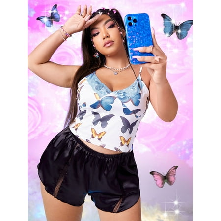 

White Casual Women s Plus Butterfly Print Contrast Lace Sleep Cami Top 4XL(20) Y22001D