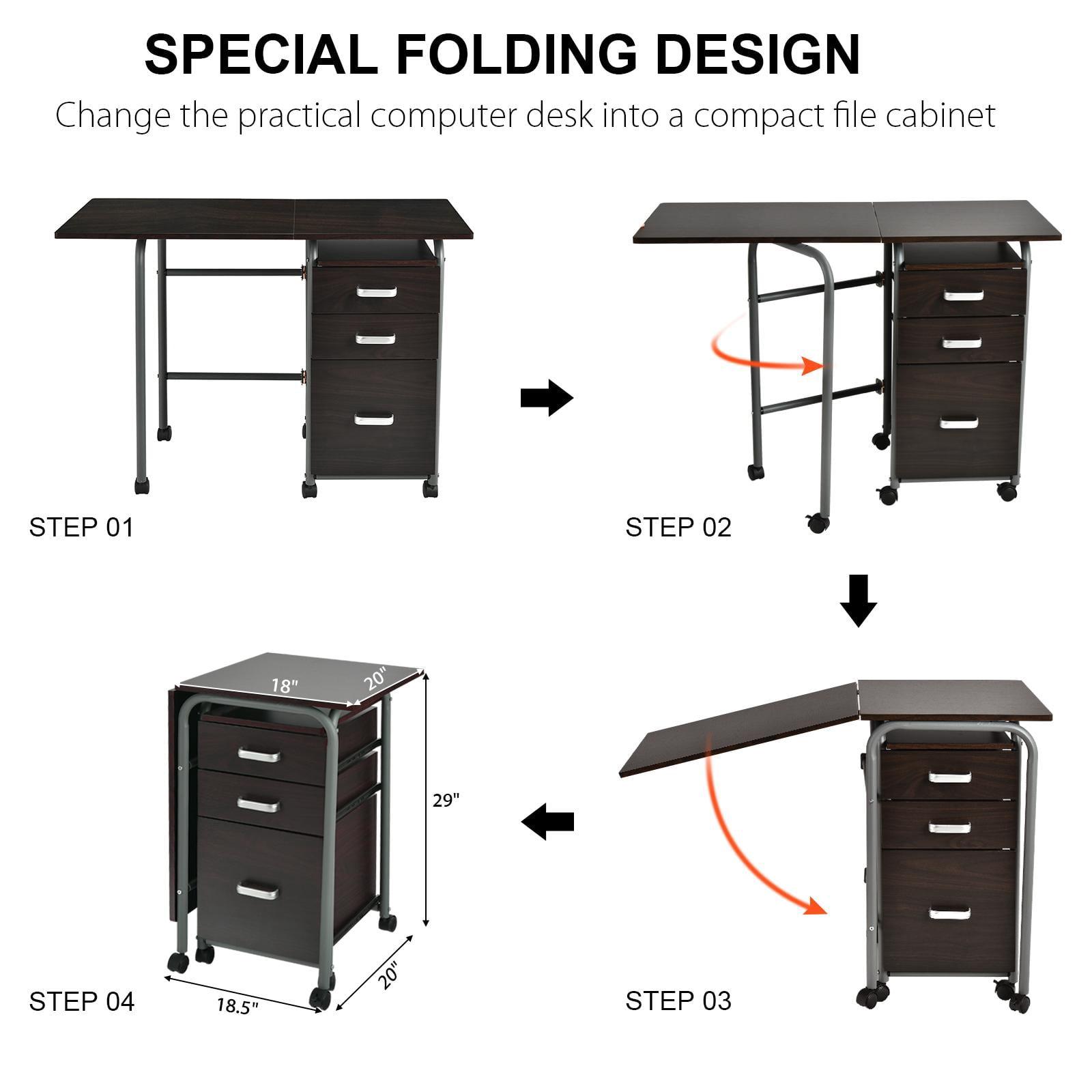 Giantex Folding Computer Study Desk, Home Office Desk w/Smooth Wheels & Large Drawers, Mobile Laptop Desk Writing Table (Brown)
