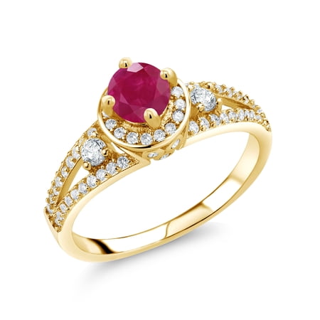 Gem Stone King 18K Yellow Gold Plated Silver Red Ruby Engagement Ring for Women (1.49 Cttw Round 5MM Gemstone July Birthstone Size 5)