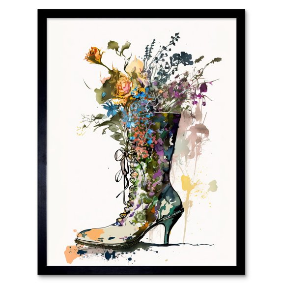 Spring Wildflower Bouquet in High Heel Floral Boot Art Print Framed Poster Wall Decor 12x16 inch