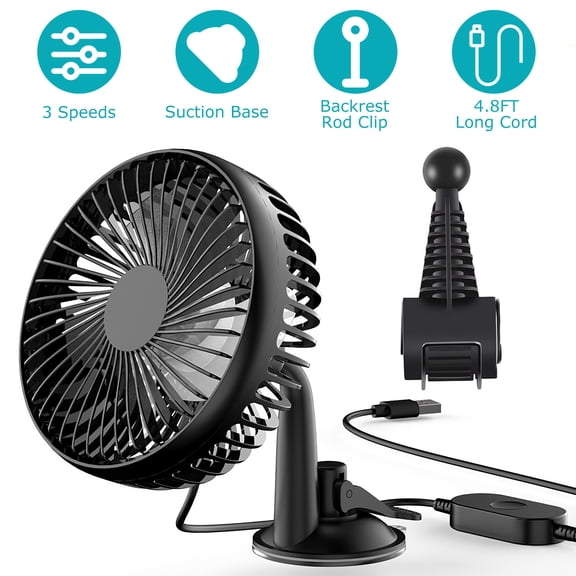 Car Air Cooling Fan, TeqHome Portable Rotatable USB Powered Car Circulator Fan, 3 Speeds, Personal Cooling Vehicle FanBackseat Clip Fan Dashboard Window Suction Fan for SUV RV