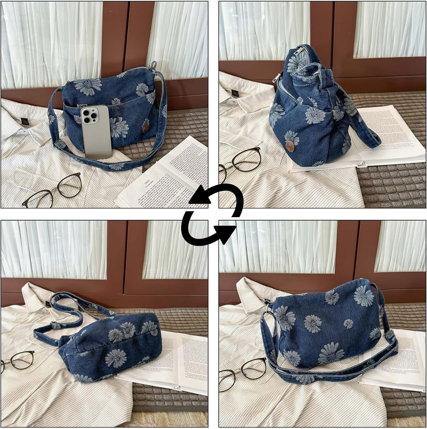 Sunyuer Women Vintage Floral Daisy Denim Crossbody Bag, Casual Lightweight Shoulder Handbag, Adjustable Strap Small Hobo Purse, Fashion Daily Commuter Messenger Bag for Shopping Travel