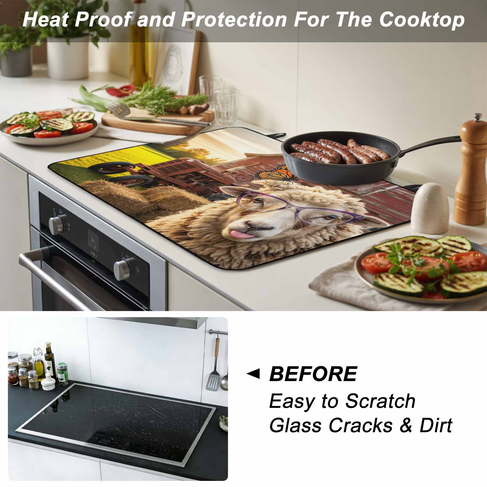 Farm Sheep Stove Top Cover for Electric Stove, Heat-proof & Non Slip Glass Top Stove Cover Protector, Farmhouse Barn Funny Animals Butterfly Kitchen Flat Cooktop Rubber Mat 24x21 Inches
