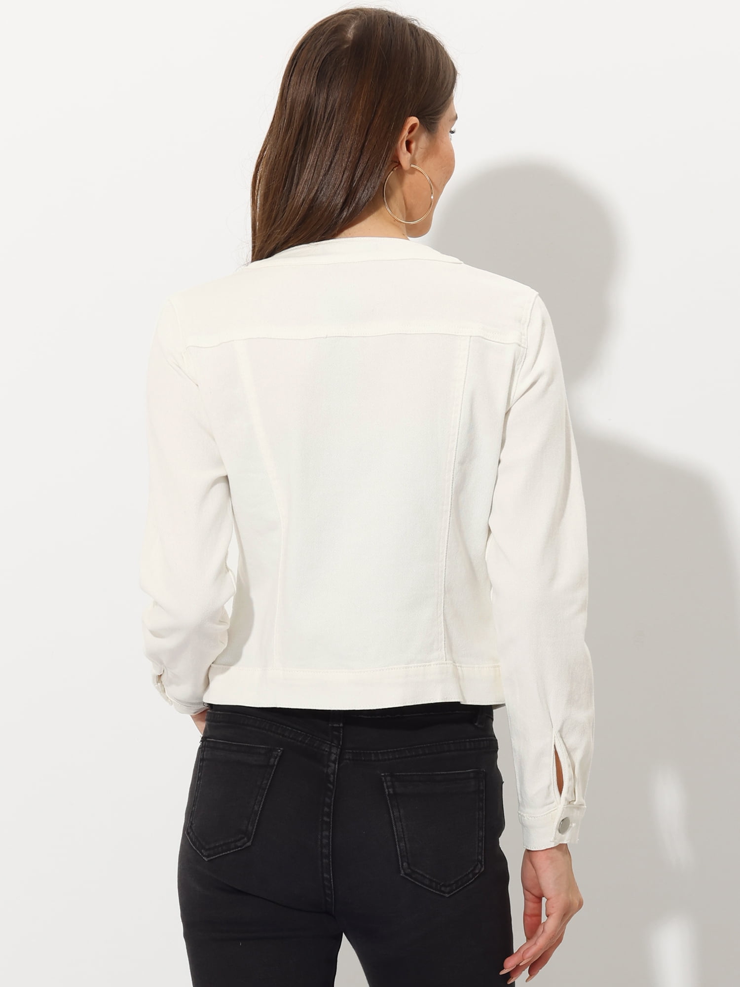 DARING DIVA Women's Button Down Collarless Cropped Denim Jacket XL White