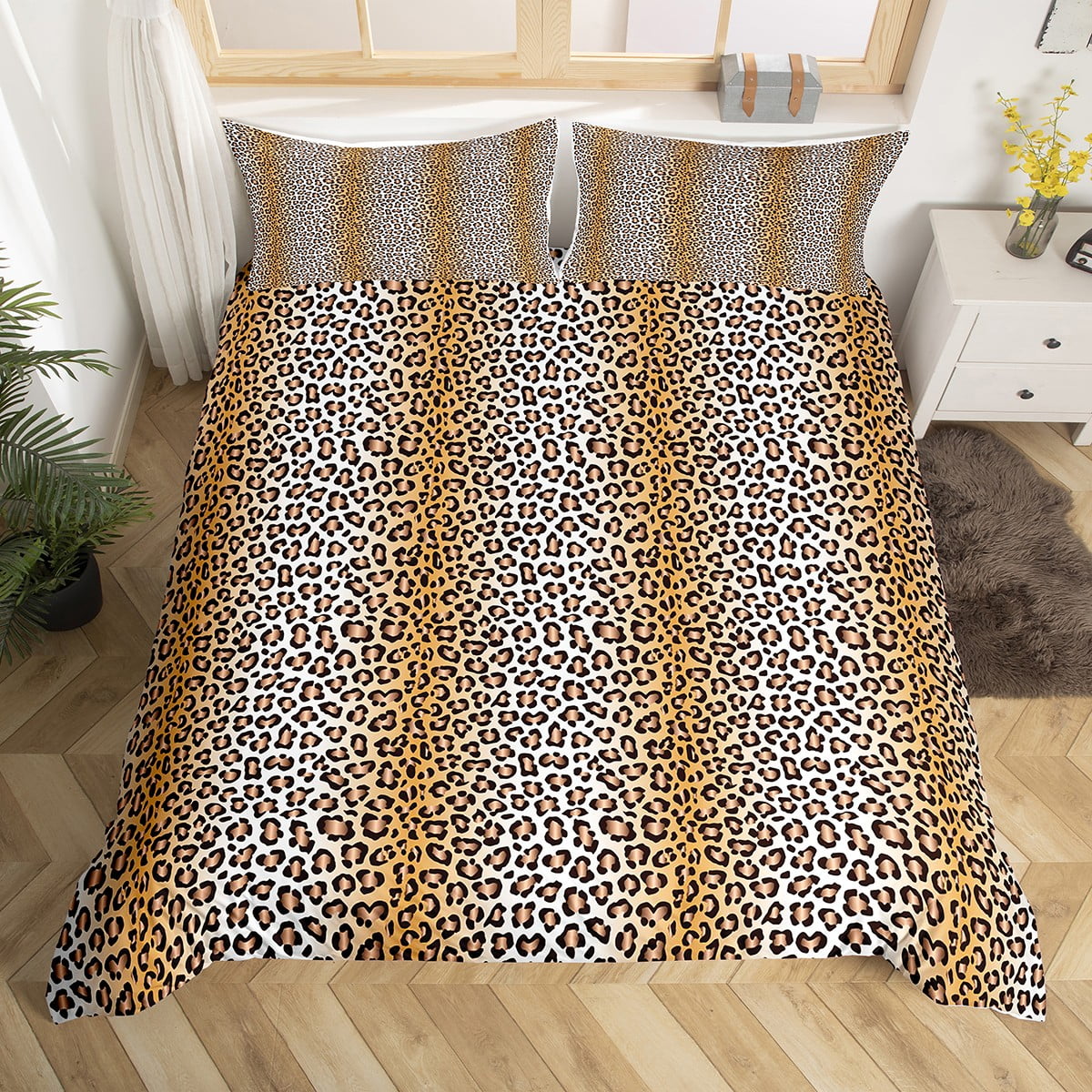 Cheetah Print Comforter Cover Brown Leopard Bed Set, Ombre Gradient