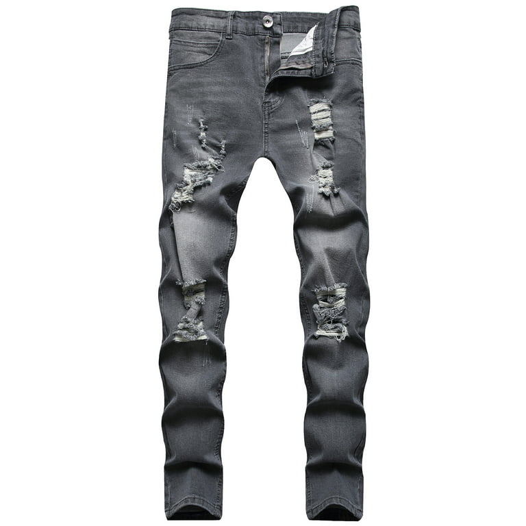 Lu's Chic Men's Distressed Jeans Slim Fit Pants Mid Rise Trousers Denim  Ripped Chic Denim Jeggings Grey 36